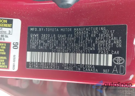 2018 Toyota Corolla Le from USA, damaged, VIN 2T1BURHE7JC006211